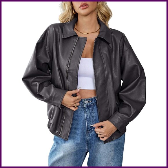 Oversized Faux Leather Bomber Jacket Zip Up Motorcycle Style